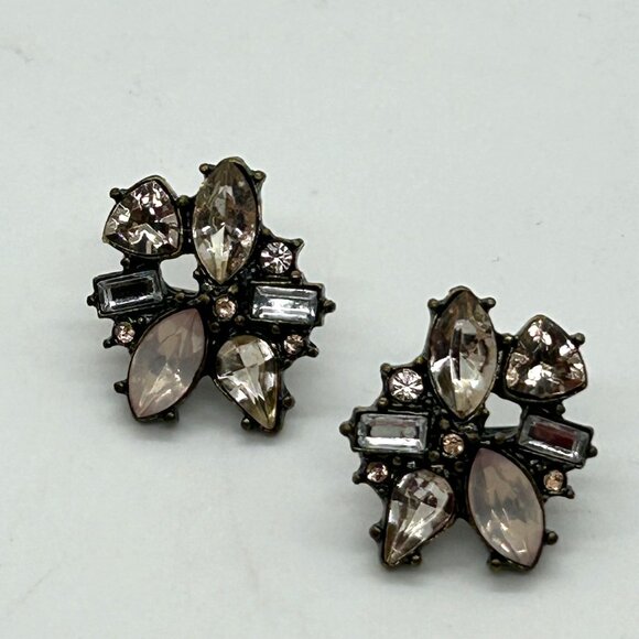 Rhinestone Floral Stud Earrings, BaubleBar Pink & Clear Gun Metal Tone Pierced - Picture 2 of 13